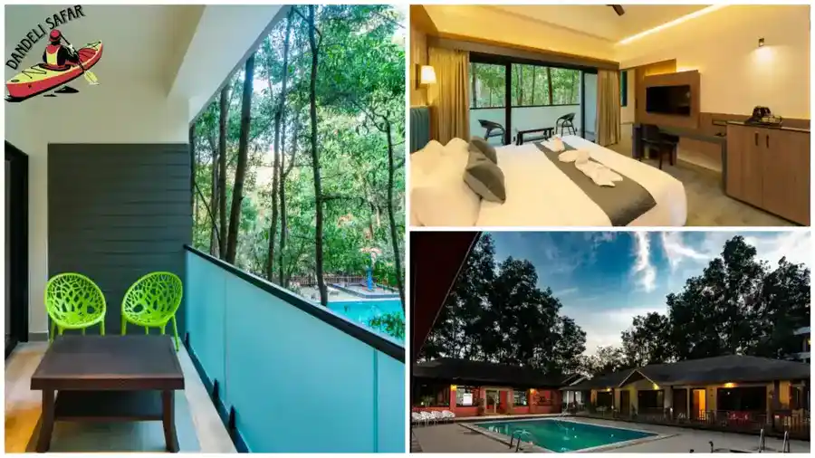 Deluxe room with scenic window view overlooking swimming pool at Dandeli resort