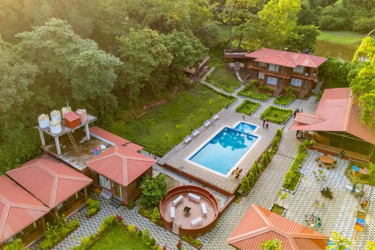Aerial drone view of Wild Wings Dandeli property amidst Western Ghats greenery